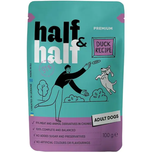 Вологий корм для дорослих собак Half&Half, Duck in Gravy for Adult Dogs, шматочки качки в соусі - 100 г