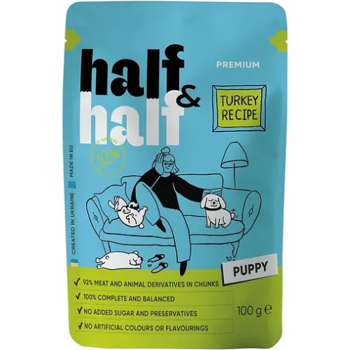 Влажный корм для щенков Half&Half, Turkey in Gravy for Puppy, кусочки индейки в соусе - 100 г
