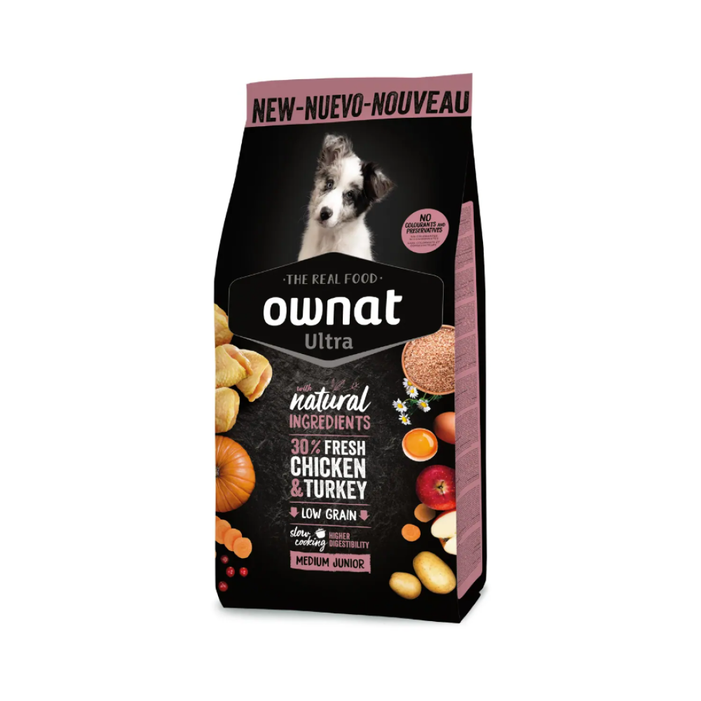 Сухой корм для щенков средних пород OWNAT ULTRA MEDIUM JUNIOR (низкозерновой) с курицей и индейкой - 12кг Сухой корм для щенков средних пород OWNAT ULTRA MEDIUM JUNIOR (низкозерновой) с курицей и индейкой - 12кг