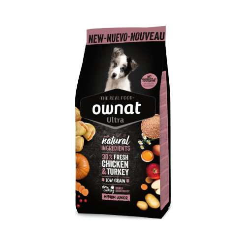 Сухой корм для щенков средних пород OWNAT ULTRA MEDIUM JUNIOR (низкозерновой) с курицей и индейкой - 12кг