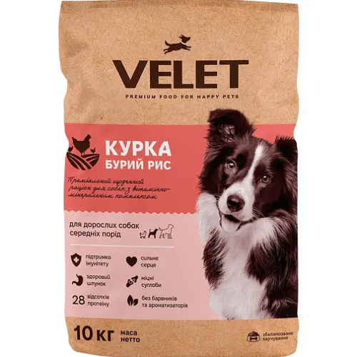 Сухий корм для дорослих собак середніх порід Velet Курка та Бурий рис - 10 кг