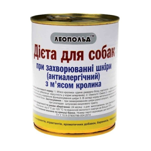 Вологий корм для собак ТМ Леопольд Дієта при захворюванні шкіри з м'ясом кролика (металева банка) - 360 г