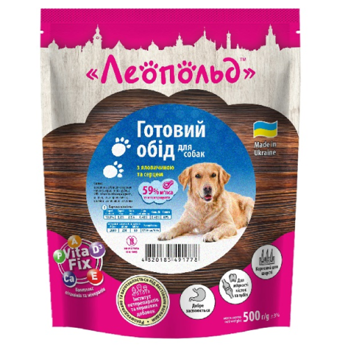 Влажный корм для собак ТМ Леопольд Готовый обед с говядиной и сердцем, пауч (дой-пак) - 500 г