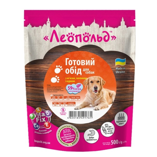 Влажный корм для собак ТМ Леопольд Готовый обед с мясом, печенью и курицей, пауч (дой-пак) - 500 г