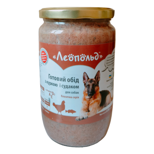 Влажный корм для собак ТМ Леопольд Готовый обед с курицей и судаком (стеклянная банка) - 670г