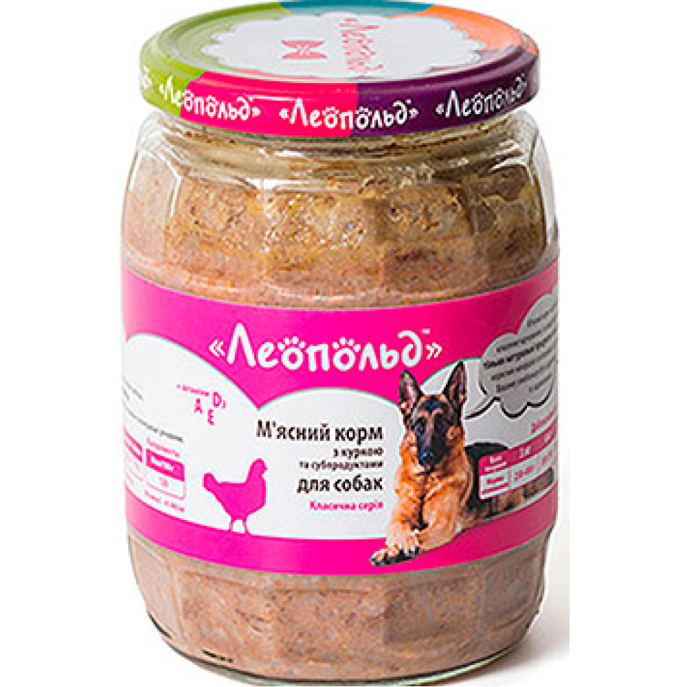 Влажный корм для собак ТМ Леопольд Мясной корм с курицей и субпродуктами (стеклянная банка) - 670 г