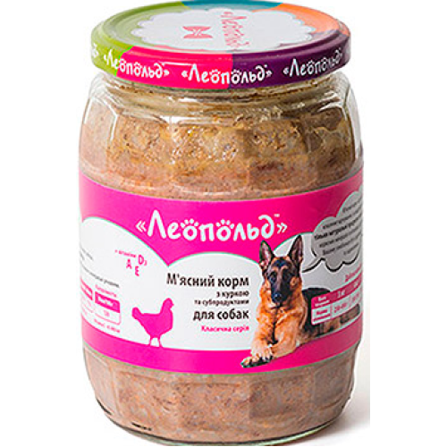Влажный корм для собак ТМ Леопольд Мясной корм с курицей и субпродуктами (стеклянная банка) - 670 г