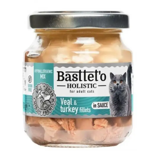 Влажный корм для кошек BASTTET`O Holistic микс Кусочки филе индейки и телятины в соусе, стекло -130 г