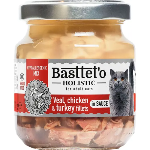 Влажный корм для кошек BASTTET`O Holistic микс Кусочки филе телятины, курицы и индейки в соусе, стекло -130 г