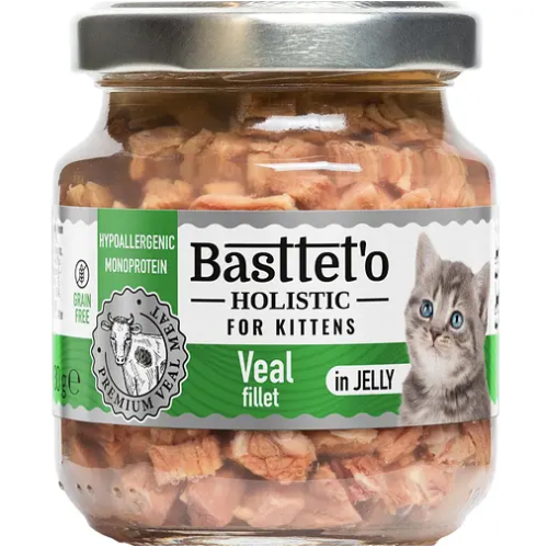 Влажный корм для котят BASTTET`O Holistic Кусочки филе телятины в желе, стекло - 130 г