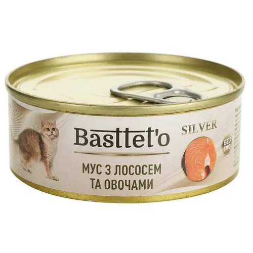 Влажный корм для кошек Basttet'o Silver Мусс с лососем и овощами (железная банка) - 85 г