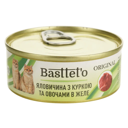 Влажный корм для кошек Basttet'o Original Говядина с курицей и овощами в желе (железная банка) - 85 г