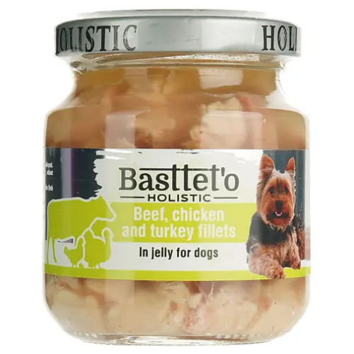 Влажный корм для собак Basttet'o Holistic МИКС филе телятины, курицы и индейки в желе, стекло - 130г