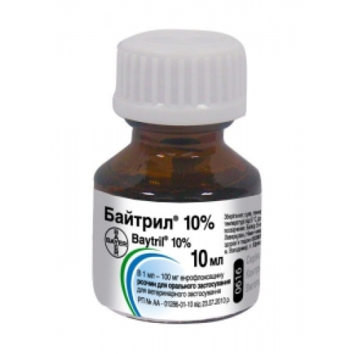 Антибактеріальний препарат для тварин Байтрил 10% оральний, розчин - 10 мл 