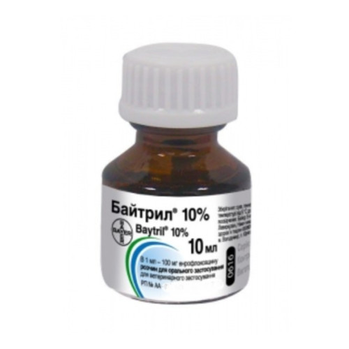 Антибактеріальний препарат для тварин Байтрил 10% оральний, розчин - 10 мл 