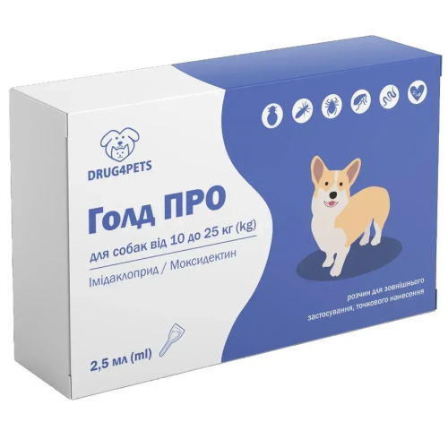 Протипаразитарний препарат для собак вагою 10 - 25 кг DRUG4PETS Голд ПРО краплі, 1 піпетка - 2,5 мл