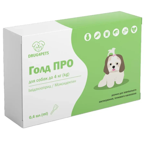 Протипаразитарний препарат для собак вагою до 4 кг DRUG4PETS Голд ПРО краплі, 1 піпетка - 0,4 мл