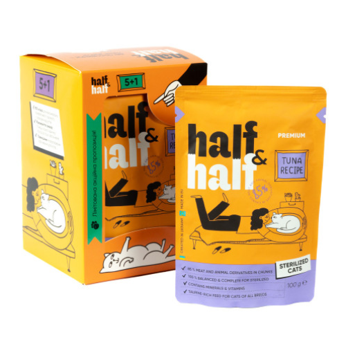 Набор влажных кормов для взрослых кошек Half&Half "5+1" с тунцом, кусочки в соусе, паук - 6 шт х 100 гр