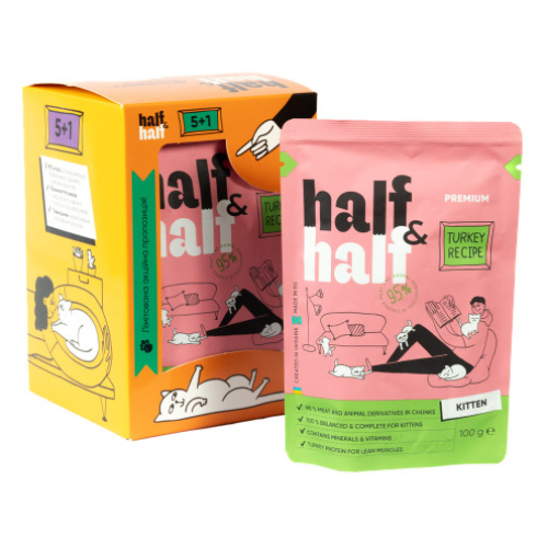 Набор влажных кормов для котят Half&Half "5+1"с индейкой, кусочки в желе, пауч - 6 шт х 100 гр Набор влажных кормов для котят Half&Half "5+1"с индейкой, кусочки в желе, пауч - 6 шт х 100 гр