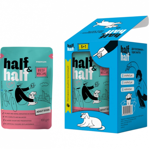 Набор влажных кормов для взрослых собак Half&Half "5+1"с говядиной, кусочки в соусе, пауч 6 шт х 100 г