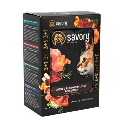 Вологий корм для кошенят Savory Kitten Lamb and Pumpkin in Jelly з ягням та гарбузом шматки в желе, набір 3+1пауч - 340 г