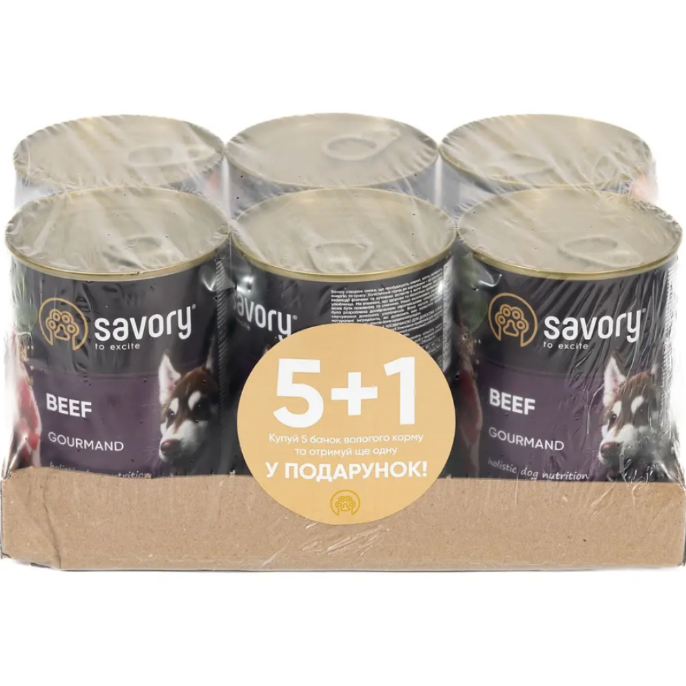 Влажный корм для взрослых собак всех пород Savory Dog Gourmand Beef паштет с говядиной, набор 5+1 - 2.4 кг