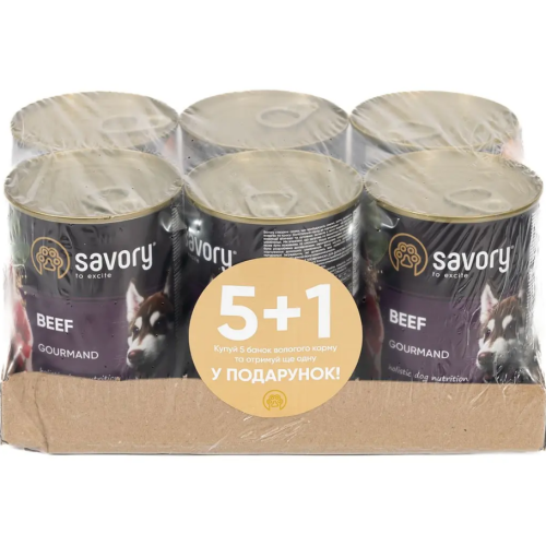 Влажный корм для взрослых собак всех пород Savory Dog Gourmand Beef паштет с говядиной, набор 5+1 - 2.4 кг