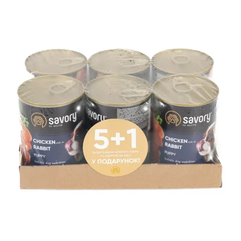 Влажный корм для щенков всех пород Savory Dog All breeds Puppy Chicken rich in Rabbit паштет с кроликом, набор 5+1 - 2.4 кг