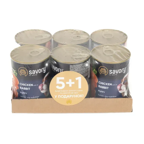 Влажный корм для щенков всех пород Savory Dog All breeds Puppy Chicken rich in Rabbit паштет с кроликом, набор 5+1 - 2.4 кг