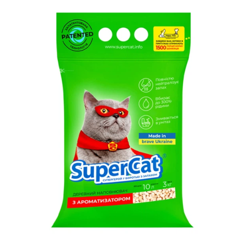 Наповнювач для котячих туалетів SuperCat з ароматизатором, деревний поглинаючий 3кг (зелений)