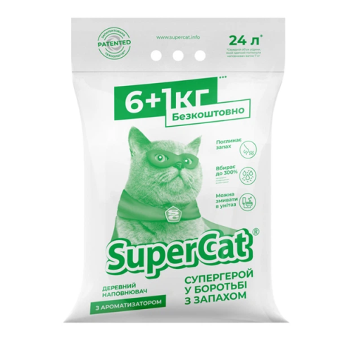 Наповнювач для котячих туалетів SuperCat з ароматизатором, деревний поглинаючий 6+1кг (зелений)
