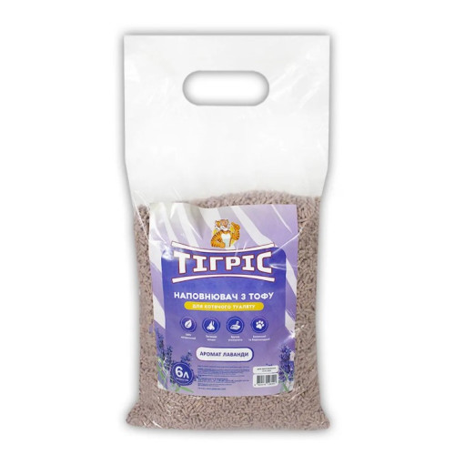 Наполнитель Тигрис с тофу для кошачьего туалета, с ароматом лаванды, 6 л
