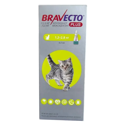Противопаразитарный препарат для кошек 1,2-2,8кг Bravecto Plus Cat спот-он, капли 112,5 мг Противопаразитарный препарат для кошек 1,2-2,8кг Bravecto Plus Cat спот-он, капли 112,5 мг