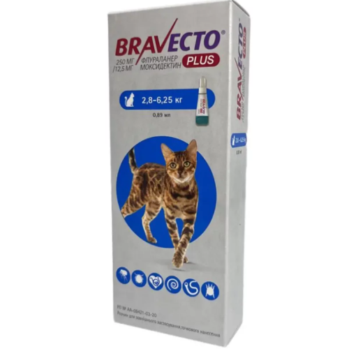 Протипаразитарний препарат для котів 2,8-6,25кг Bravecto Plus Cat спот-он, краплі 250 мг