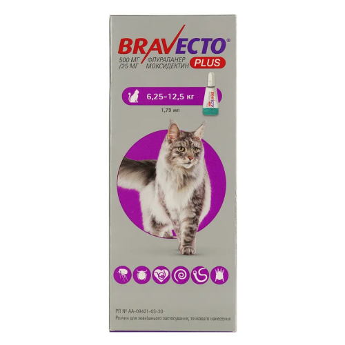 Протипаразитарний препарат для котів 6,25-12,5кг Bravecto Plus Cat спот-он, краплі 500 мг