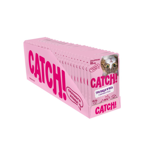 НАБОР Корм влажный Catch! для взрослых кошек три вида мяса с овощами в желе 24 шт х 85 г