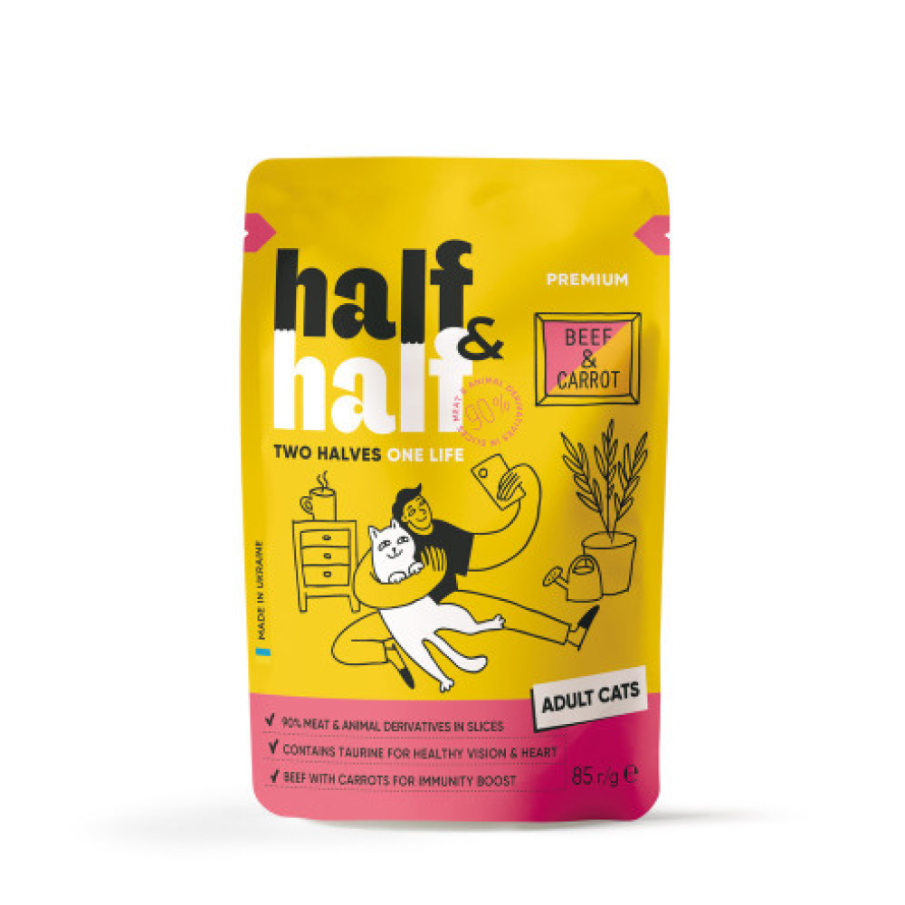Влажный корм для взрослых кошек Half&Half с говядиной и морковью, кусочкив желе 85 г