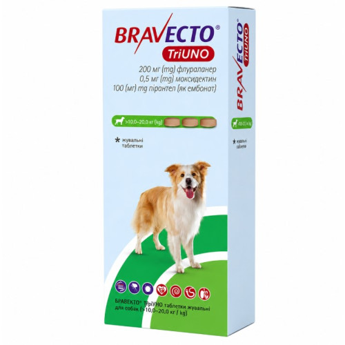 Жувальні таблетки для собак від 10 до 20 кг від паразитів Bravecto TriUNO 200mg (БРАВЕКТО ТриУНО) Жувальні таблетки для собак від 10 до 20 кг від паразитів Bravecto TriUNO 200mg (БРАВЕКТО ТриУНО)