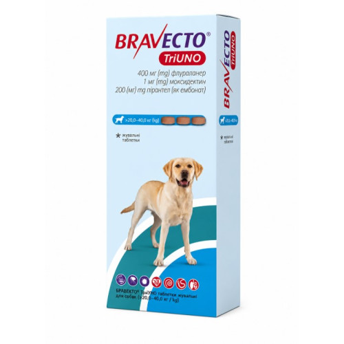 Жувальні таблетки для собак від 20 до 40 кг від паразитів Bravecto TriUNO 400mg (БРАВЕКТО ТриУНО) Жувальні таблетки для собак від 20 до 40 кг від паразитів Bravecto TriUNO 400mg (БРАВЕКТО ТриУНО)