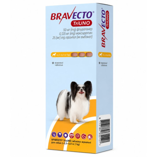 Жувальні таблетки для собак від 2.5 до 5 кг від паразитів Bravecto TriUNO 50mg (БРАВЕКТО ТриУНО) Жувальні таблетки для собак від 2.5 до 5 кг від паразитів Bravecto TriUNO 50mg (БРАВЕКТО ТриУНО)