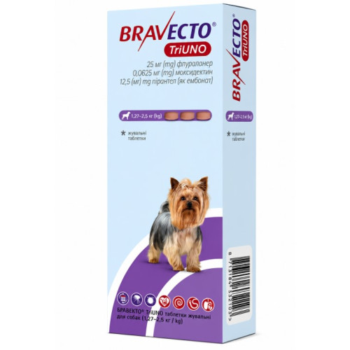 Жевательные таблетки для собак весом от 1.27 до 2.5 кг от паразитов Bravecto TriUNO 25 мг (БРАВЕКТО ТриУНО)