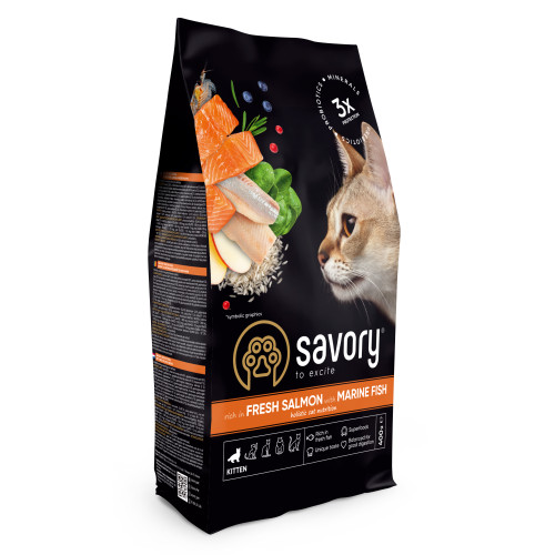 Корм сухой Savory Kitten rich in Fresh Salmon with Marine Fish для котят всех пород со свежим лососем и морской рыбой 400 г