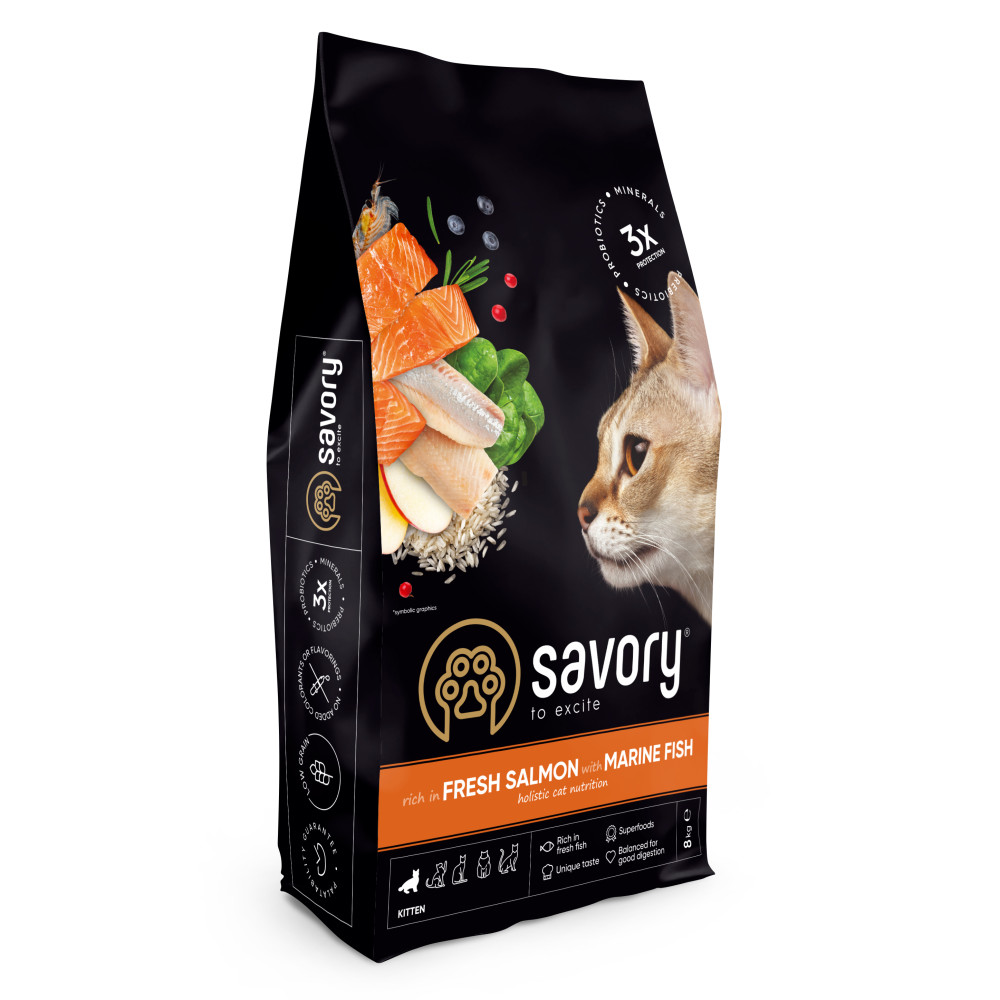 Корм сухий Savory Kitten rich in Fresh Salmon with Marine Fish для кошенят всіх порід зі свіжим лососем та морською рибою 8 кг