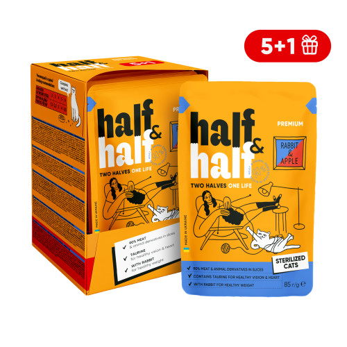 Набор «5+1» влажных кормов Half&Half для стерилизованных кошек с кроликом и яблоком в желе, 6 шт. по 85 г