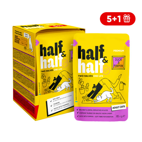 Набор «5+1» влажных кормов Half&Half для взрослых кошек с уткой и тыквой в соусе, 6 шт. по 85 г