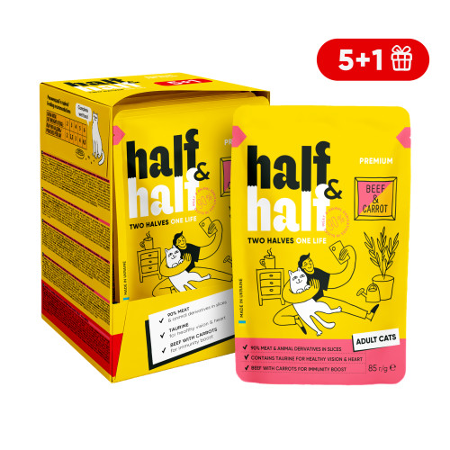 Набор «5+1» влажных кормов Half&Half для взрослых кошек с говядиной и морковью в желе, 6 шт. по 85 г