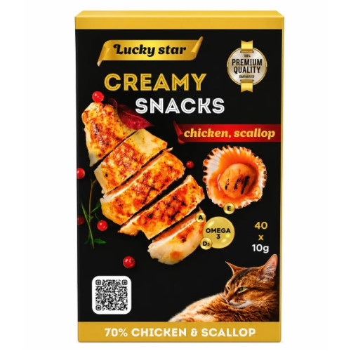 Нежное пюре Lucky Star для кошек из куриного мяса и тихоокеанских морских гребешков в шоу-боксе - 40 стиков по 10 г