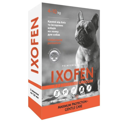 Капли IXOFEN против иксодовых клещей, блох и комаров для собак весом 4–10 кг (3 капли по 1 мл)