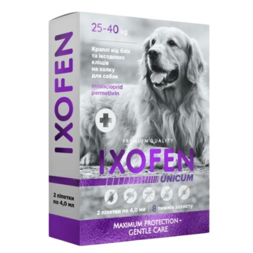 Капли IXOFEN против иксодовых клещей, блох и комаров для собак весом 25–40 кг (2 пипетки по 4 мл)