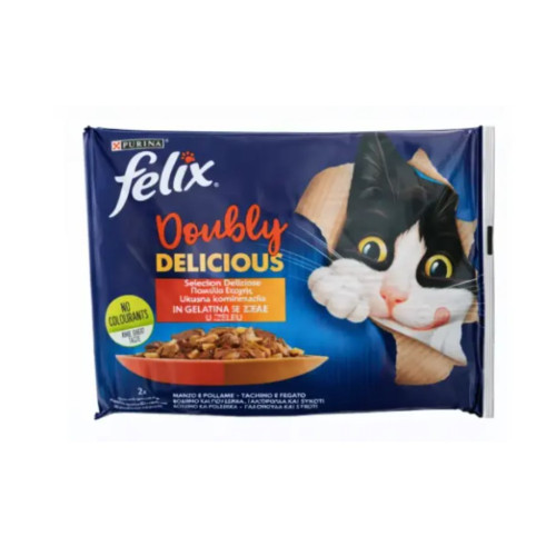 Влажный корм для кошек Purina Felix Doubly delicious с индейкой и печенью, говядиной и птицей в желе 4х85 г